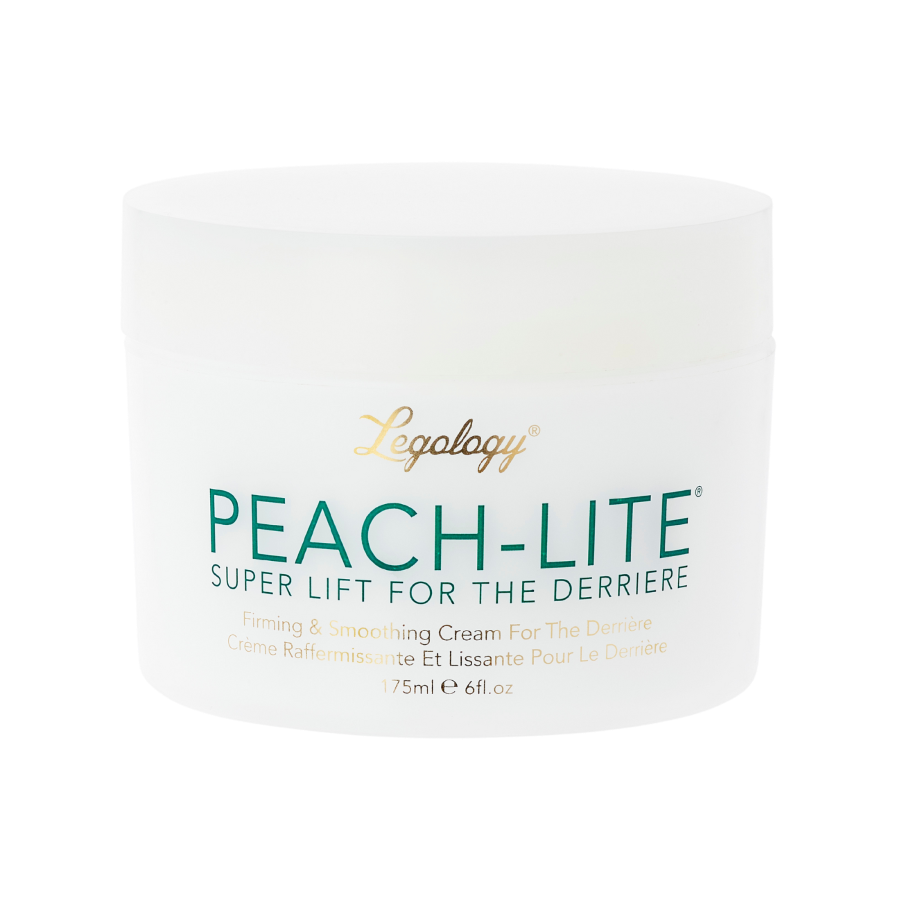 A white pot of cream with green text and a gold logo. The logo reads Legology. The product is called Peach-Lite Super Lift For The Derriere.