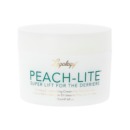 A white pot of cream with green text and a gold logo. The logo reads Legology. The product is called Peach-Lite Super Lift For The Derriere.