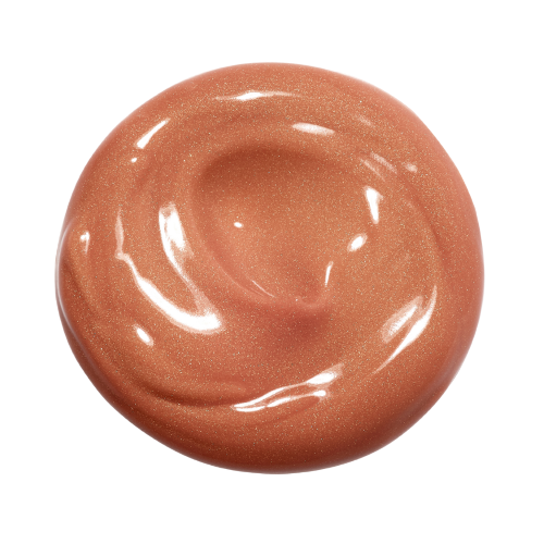 A cosmetic texture image of a blob of cream. It is tinted brown and shimmers.