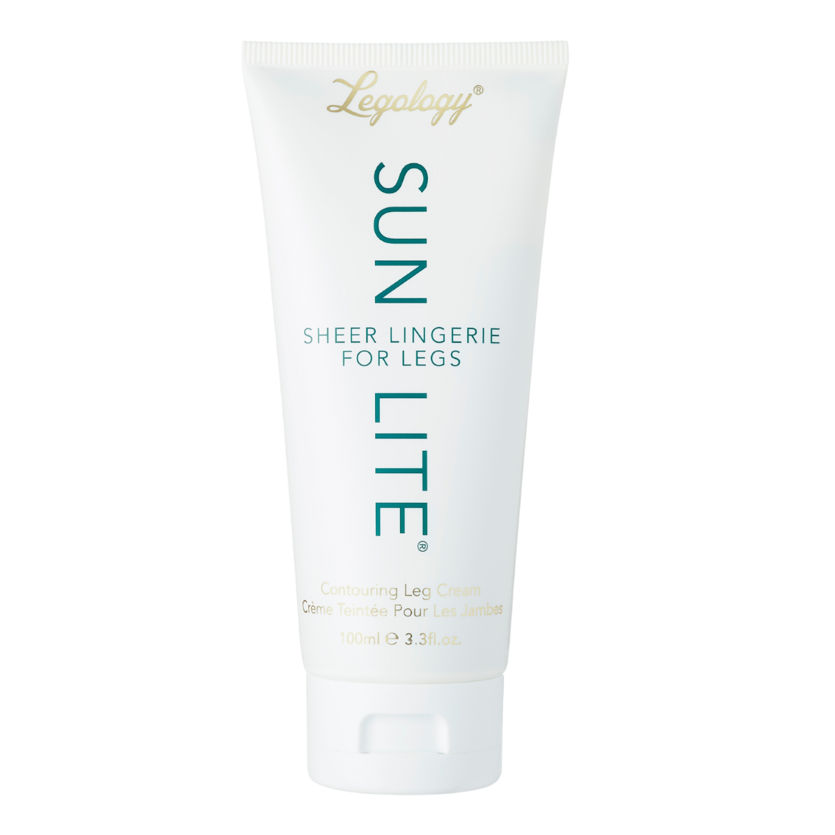 An image of a white tube of Sun-Lite Sheer Lingerie For Legs. The text is gold and green. The brand is Legology.