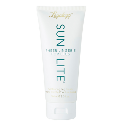 An image of a white tube of Sun-Lite Sheer Lingerie For Legs. The text is gold and green. The brand is Legology.