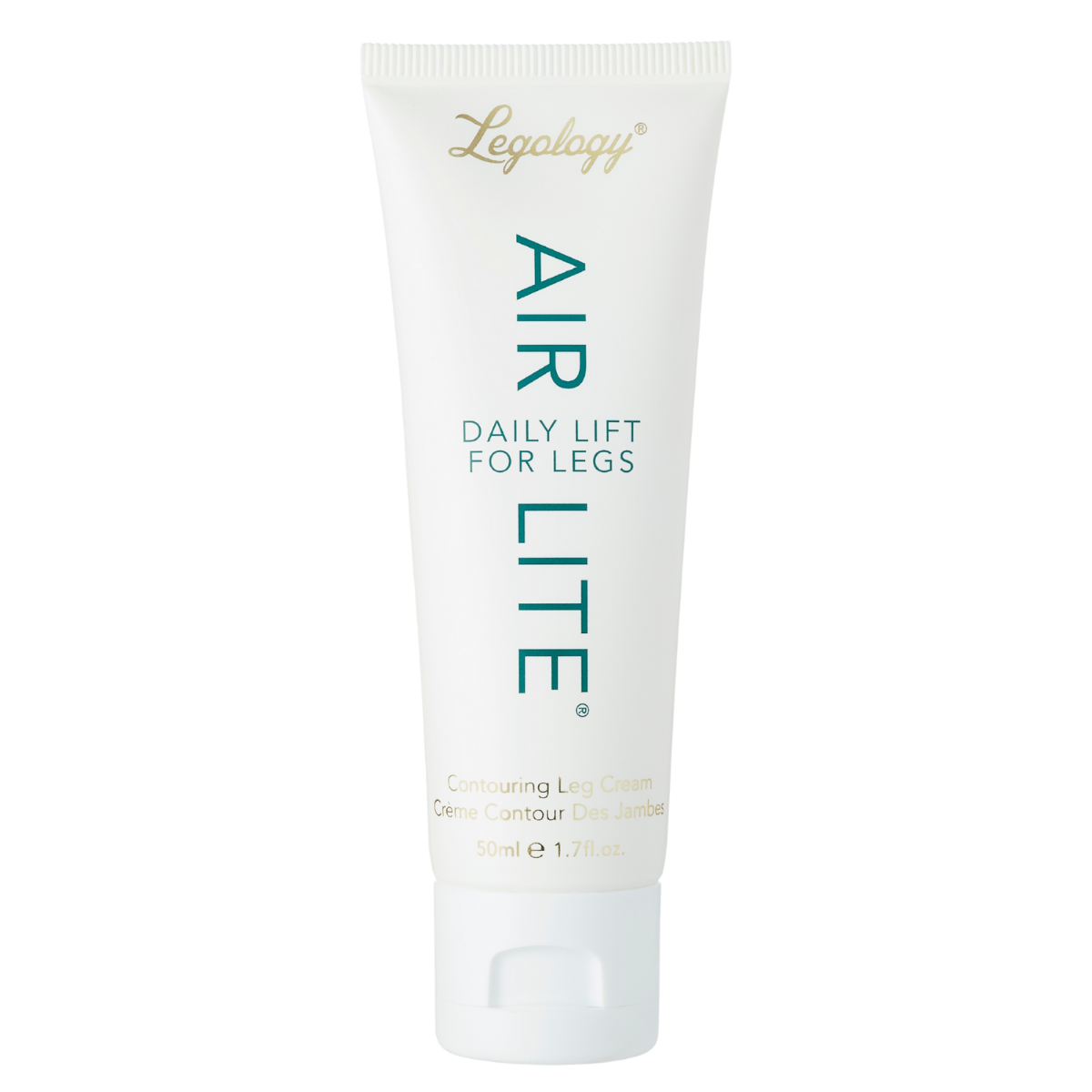 An image of a white tube of cream. It has green text reading "Air Lite Daily Lift For Legs" and a gold logo reading "Legology".